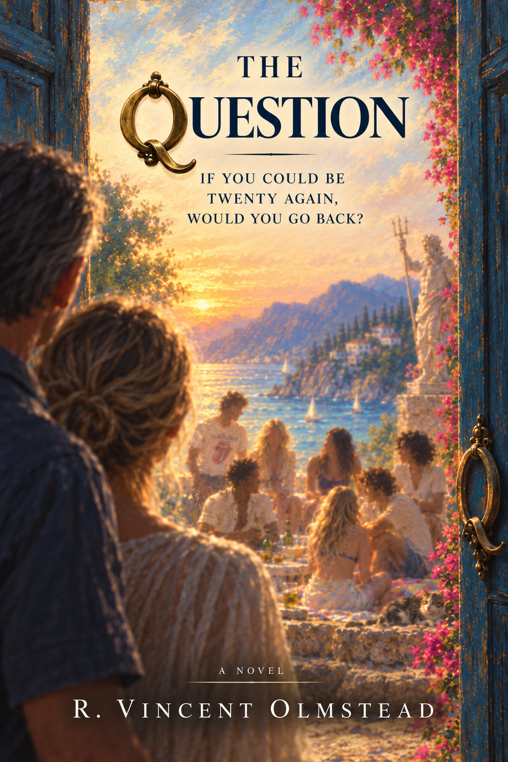 Cover of The Question by R. Vincent Olmstead — two people looking through blue doors toward friends beside the Mediterranean